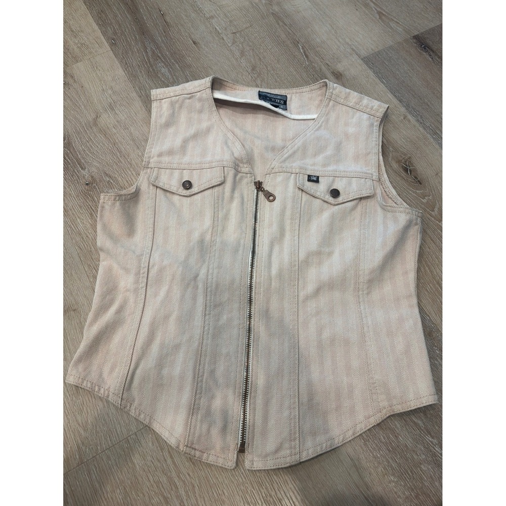 Vintage Rockies Jeanswear Women Tan Herringbone Western Zip Up Vest Small